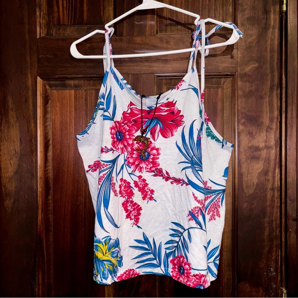 Floral Print Women's Top - White with Pink and Blue Accents